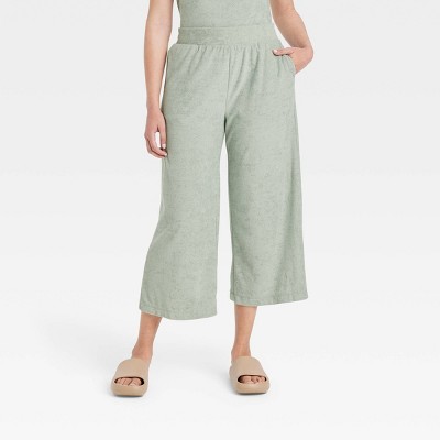 Women's High-Rise French Terry Wide Leg Ankle Pull-On Pants - A New Day™ Green