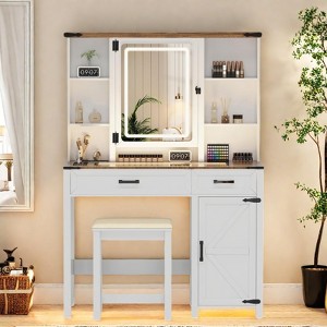 Sevobal Vanity Tables Farmhouse Vanity Desk with Spacious Storage, Glass Tabletop for Bedroom, Vintage Brown - 1 of 4