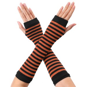 Allegra K Women's Stripe Print Knitted Fingerless Elbow Length Gloves Warmers One Size 1 Pair - 1 of 4