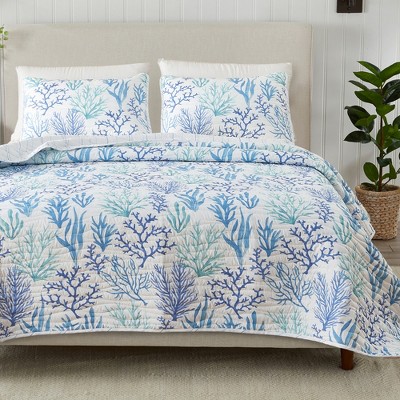 Blue Coral Microfiber Reversible Quilt Set With Shams (twin, Watercolor ...
