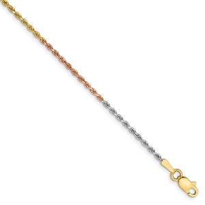 Black Bow Jewelry 1.5mm 14k Tri-Color Gold D/C Solid Rope Chain Anklet or Bracelet - 1 of 4
