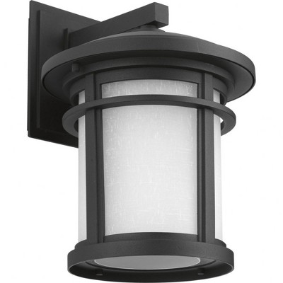 Progress Lighting Wish Collection 1-Light Outdoor Wall Lantern in Black Porcelain with Etched Umber Linen Glass Shade