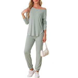 cheibear Women's Sweatshirt Jogger Lounge Set Long Sleeve Knit Round Neck Pajama Tracksuit - 1 of 4