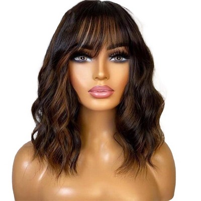 Jessie's Wig 12-22 Inch Loose Wavy Wig With Bangs 13x5 Pre Cut Lace Highlight Brown Color 1 Pc/Pack