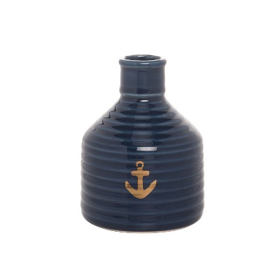 Beachcombers 5.25" Ceramic Blue Anchor Emblem Small Floral Single Flower Vase