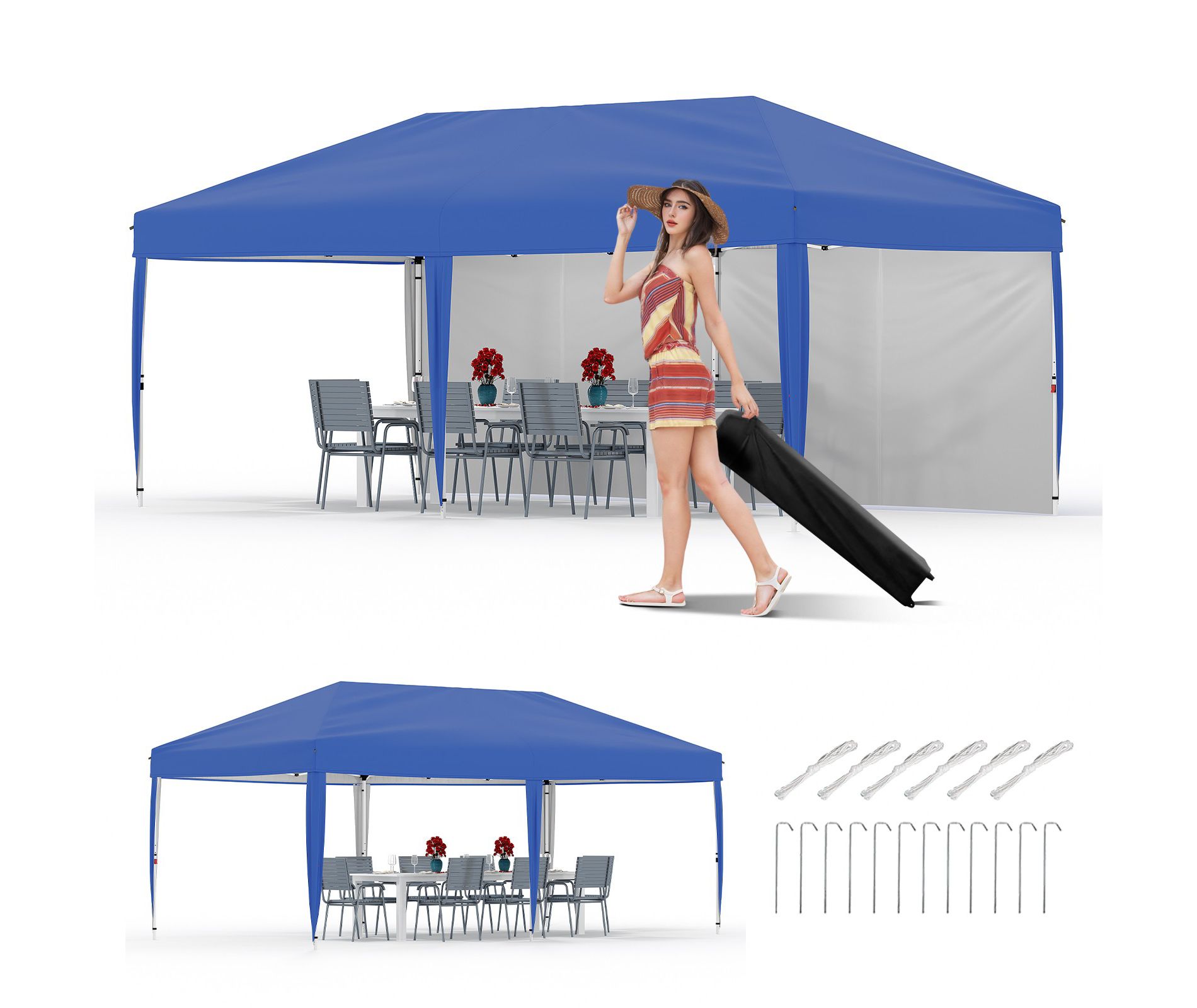 10x20 Heavy Duty Pop Up Canopy Tent w/Roller Bag, 4 Weight Bags, 8 Stakes & 6 Guy Ropes - 3 Height Adjustable