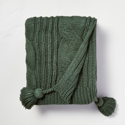 Cable Knit Tasseled Throw Blanket Green - Hearth & Hand™ with Magnolia