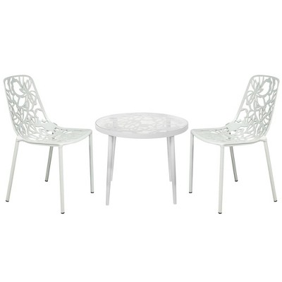 LeisureMod Devon 3-Piece Aluminum Outdoor Patio Dining Set with Tempered Glass Top Table and 2 Stackable Flower Design Chairs