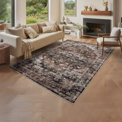 Washable Vintage Rug Non Slip Low Pile Rug Soft Throw Floor Cover Foldable Indoor Carpet for Living Room Bedroom Playroom Nursery