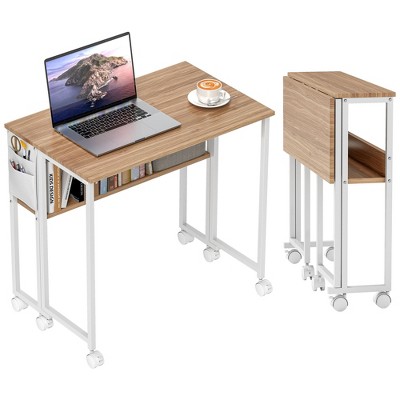 HOMCOM Small Folding Desk, 31.5" Foldable Computer Desk with Storage Bag, Shelf and Wheels for Small Spaces, Home Office, Easy Assembly