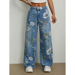 Coolmee Straight Leg Denim Pants for Women High Rise Vintage Floral Casual Pants with Pockets - 1 of 4