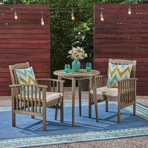 Casa 3pc Acacia Bistro Dining Set Gray/Cream - Christopher Knight Home: Weather-Resistant with Polyester Cushions - 1 of 4