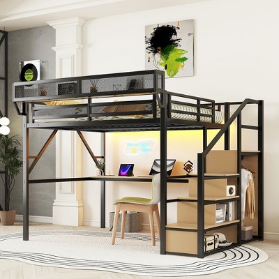 Racxily Loft Bed with Desk and Charging Station, Metal Loft Bed with Stairs and Light for Kids Teens