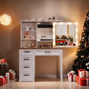 FURNIinspire Farmhouse Vanity Table with Mirror Hidden Storage Cabinet, Elegant Dressing Table for Bedroom or Living Room, Brown, 39"*15.75"*56" - 1 of 4
