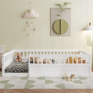 Nicbex Twin/Full Size Floor Bed for Kids,Montessori Bed Frame with High Fence,Sturdy Wood Playhouse Montessori Bed for Girls/Boys - 1 of 4
