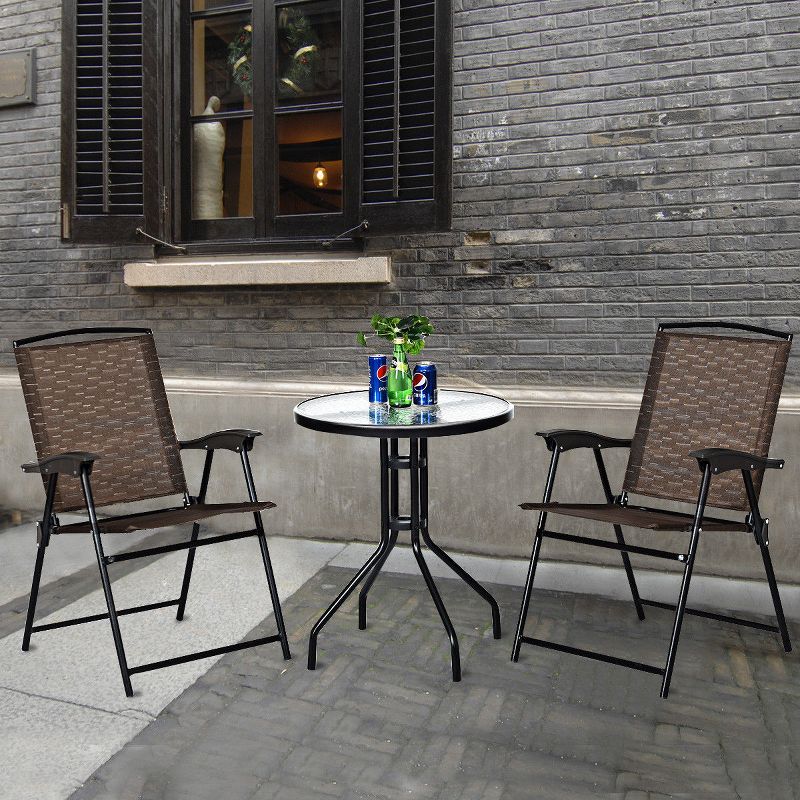 Costway 3PC Bistro Patio Garden Furniture Set 2 Folding Chairs Glass Table Top Steel, 5 of 11