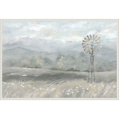 Country Meadow Windmill Scenic Landscape Canvas Print with White Floater Frame