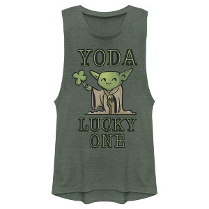 Juniors Womens Star Wars St. Patrick's Day Cartoon Yoda Lucky One Festival Muscle Tee - 1 of 4