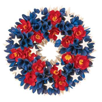 Collections Etc Wooden Patriotic Floral and Stars Hanging Wreath