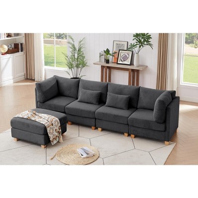 MYINDA Corduroy Sectional Couch with Ottoman Chaise, L Shaped 4-seat Sofa for Living Room, Apartment, Lounge