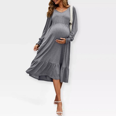Women's Maternity Midi Dress Long Sleeve V-Neck Flowy Dress Pleated Flare with Smocked Cuffs Casual Dress,Gray - XL