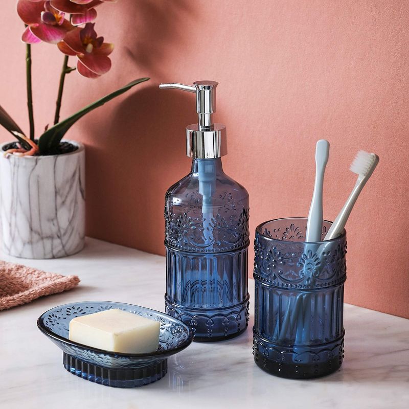 Whole Housewares Decorative Blue Glass Bathroom Decor Accessories Set, 4-Piece, 3 of 4
