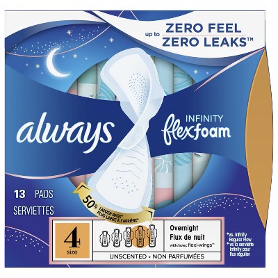 Always Infinity FlexFoam Feminine Pads for Women, Size 4 Overnight, with wings, unscented, 13ct