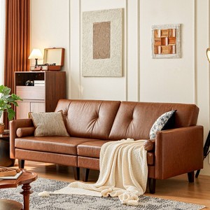 ATJafurn 86 inch Genuine Leather Sofa, Mid-Century Modern Upholstered Sectional Couch Retro Luxurious Loveseat for Living Room Bedroom Office - 1 of 4