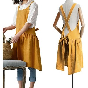 Women's Cotton Linen Cross Back Apron with Pockets - Turquoise with Waist Ties, for Gardening, Cleaning, and Cooking - 1 of 4