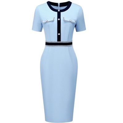 Hobemty Women's Round Neck Short Sleeve Contrast Color Elegant Sheath Pencil Dresses