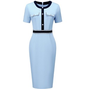 Hobemty Women's Round Neck Short Sleeve Contrast Color Elegant Sheath Pencil Dresses - 1 of 4