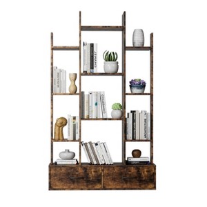 TiramisuBest Rustic Brown Bookshelf with 2 Drawers – 12-Tier Freestanding Open Display Bookcase for Home Office, Living Room, Bedroom - 1 of 4