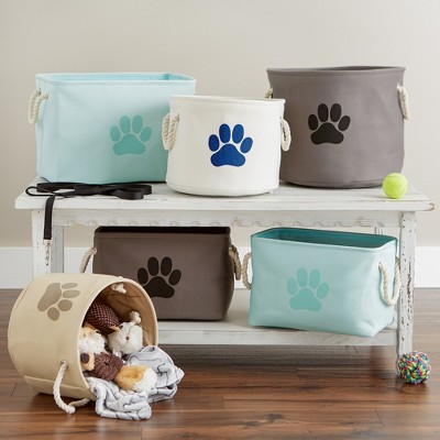 Gray Round Collapsible Pet Toy Storage Bin with Paw Print