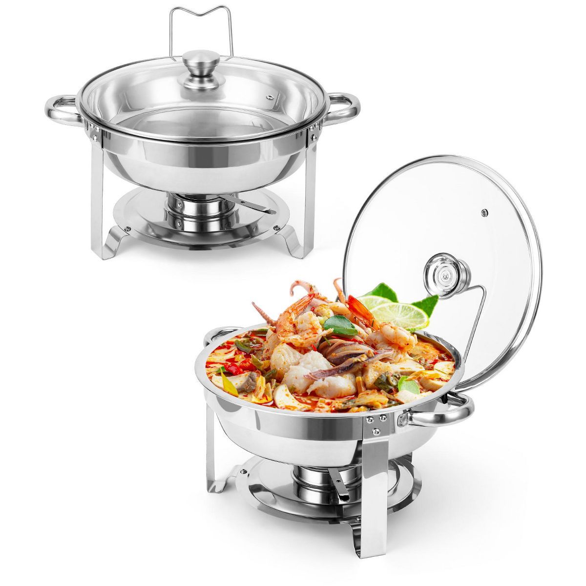 Garvee Chafing Dishes for Buffet Set of 2, 5QT Round Stainless Steel Chafing Dish with Glass Lid, Buffet Server Food Warmer for Parties