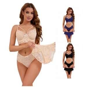 INSPIRE CHIC Women's 3 Sets Cross Straps Full Coverage Bralette and Panty Mesh Floral Lace Underwear Set - 1 of 4