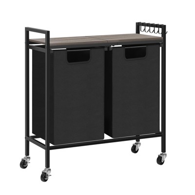 Oumilen Rolling Black Double Laundry Hamper Basket with Removable Bag and Wood Shelf