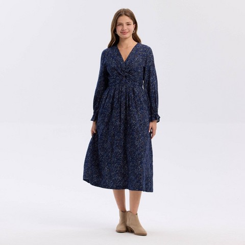 Женские платья Universal Thread Women's Twist-Front Balloon Long Sleeve Midi A-Line Dress - Universal Thread™ Navy Blue Floral XS