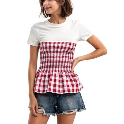 Anna-Kaci Women's Picnic Date Smocked Detail Peplum T-Shirt for Daily Wear