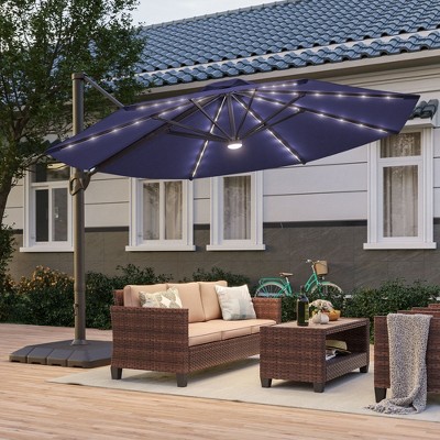 Sonkuki Outdoor 11Ft Aluminum LED Cantilever Patio Umbrella with Base for Patio Deck Garden