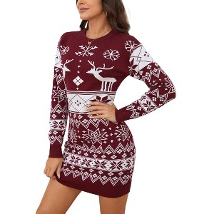 Coolmee Women's Fall Christmas Sweater Mini Dress Long Sleeve Crewneck Slim Fit Wrap Short Dress - 1 of 4