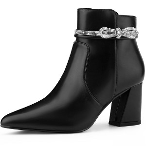 BLISSFUL STEP Rhinestone Bow Pointed Toe Chunky Heel Ankle Boots for Women - 1 of 4