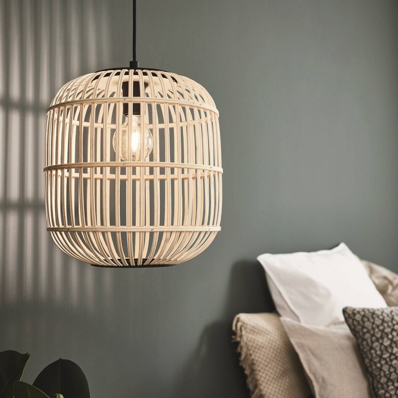 1-Light Bordesley Drum Pendant with Wooden Shade Black/Natural - EGLO, 4 of 7