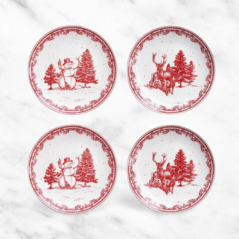 American Atelier Christmas Salad Plate, Set of 4, Dessert and Appetizer Plates, Vintage Style Dinnerware, Red Holiday Dishes, Dishwasher Safe,8 Inch, 3 of 6