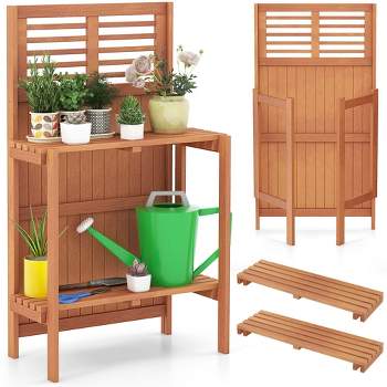 Costway Wood Potting Bench Waterproof Garden Table with 2-Tier Open Storage Shelf