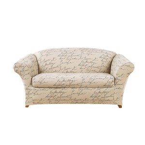 2pc Stretch Pen Pal Loveseat Slipcovers Parchment - Waverly Home: Box Cushion, Zipper Closure, Machine Washable - 1 of 3