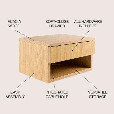 Light Oak Mid-Century Modern Floating Nightstand with Drawer