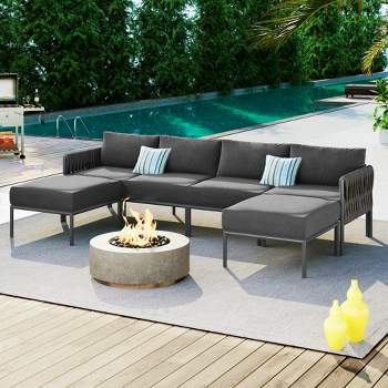 6pc Aluminum Patio Furniture Set, Outdoor Conversation Set Sectional Sofa With Removable Cushion 4A, Gray -ModernLuxe