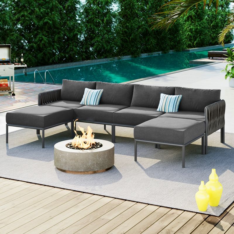 6pc Aluminum Patio Furniture Set, Outdoor Conversation Set Sectional Sofa With Removable Cushion 4A, Gray -ModernLuxe, 1 of 11