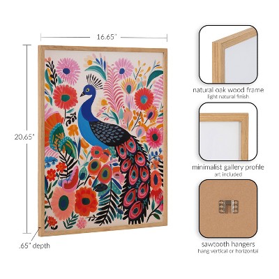 Bright Colorful Boho Peacock and Botanicals Print in Natural Wood Frame