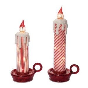Transpac Glass 10 in. Holiday Nostalgic Striped Candle Set of 2 - 1 of 2